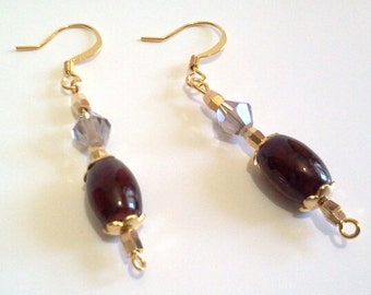 Brown and Gold Dangle Earrings with Light Gray Crystal Faceted Beads, Handmade Beaded Jewelry