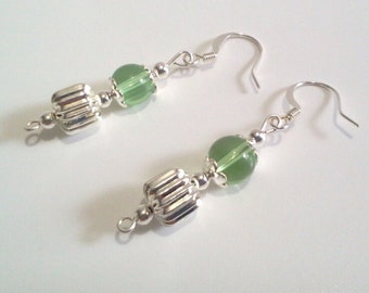 Green and Silver Glass Bead Earrings, Silver Drop Dangle Earrings,  Handmade Jewelry