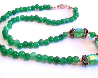 Malaysia Jade Green Stone Bead Necklace, Faceted Crystal Jewelry, Handmade Beaded Necklace, St Pattys Day Jewelry