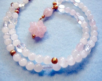 Carved Rose Quartz Flower Pendant and Pink Stone Bead Necklace, Handmade Beaded Necklace