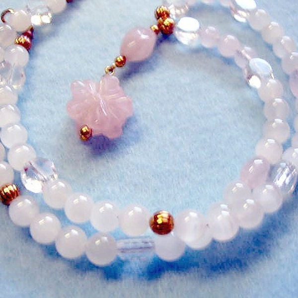 Carved Rose Quartz Flower Pendant and Pink Stone Bead Necklace, Handmade Beaded Necklace