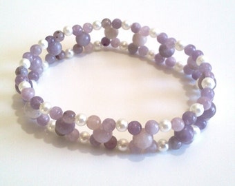 Natural Lilac Stone Quartz Bracelet, Light Purple Stretch Bead Bracelet, White Glass Pearl Jewelry, Large Size 8 Inches, Nonmetal