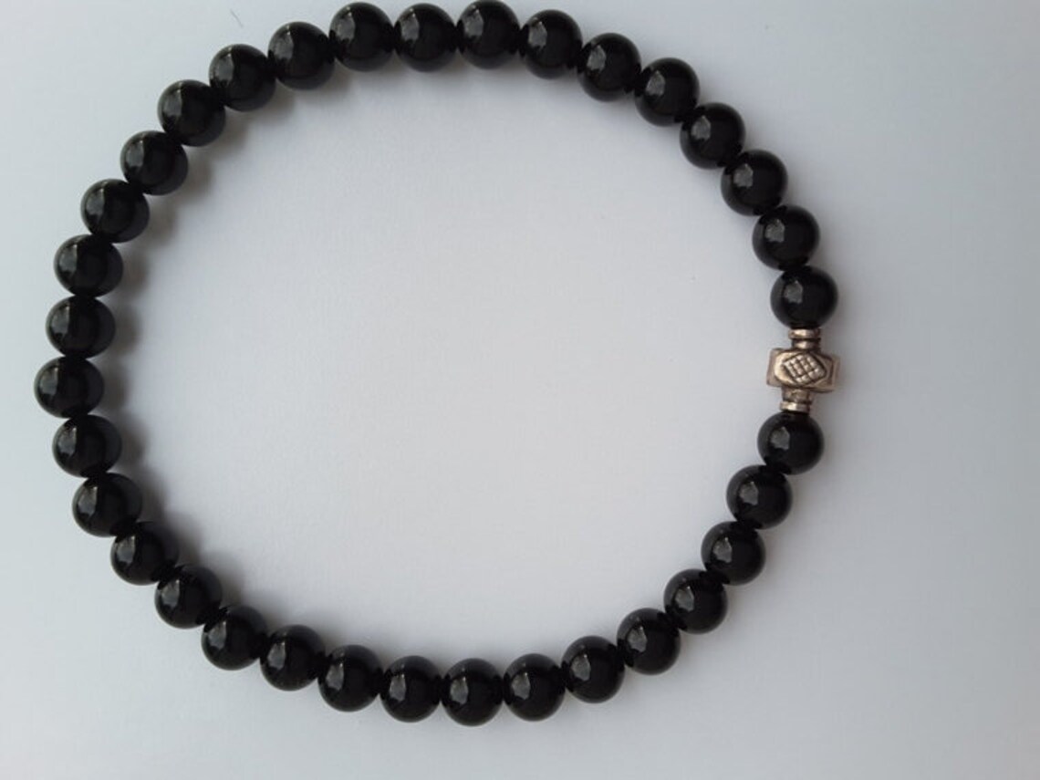 Mens Black Onyx Stone Bead Stretch Bracelet, Sterling Silver Accent