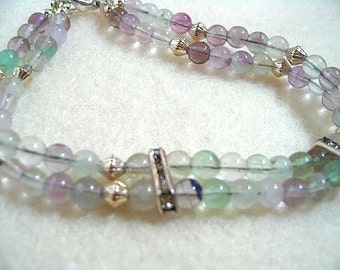 Green and Purple Natural Fluorite Stone Bead Bracelet, Colorful Feminine Handmade Gemstone Jewelry, Double Strand Bracelet with Small Stones