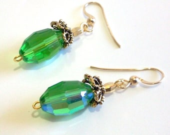 Green Faceted Crystal Earrings, Green and Gold Dangle Earrings, St Patricks Day Bead Jewelry, May Birthday Gift, Elegant Christmas Earrings