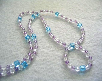 Purple Amethyst and Blue Crystal Necklace, Blue Crystal Cube Beads, Beaded Circle Pendant Handmade Statement Necklace
