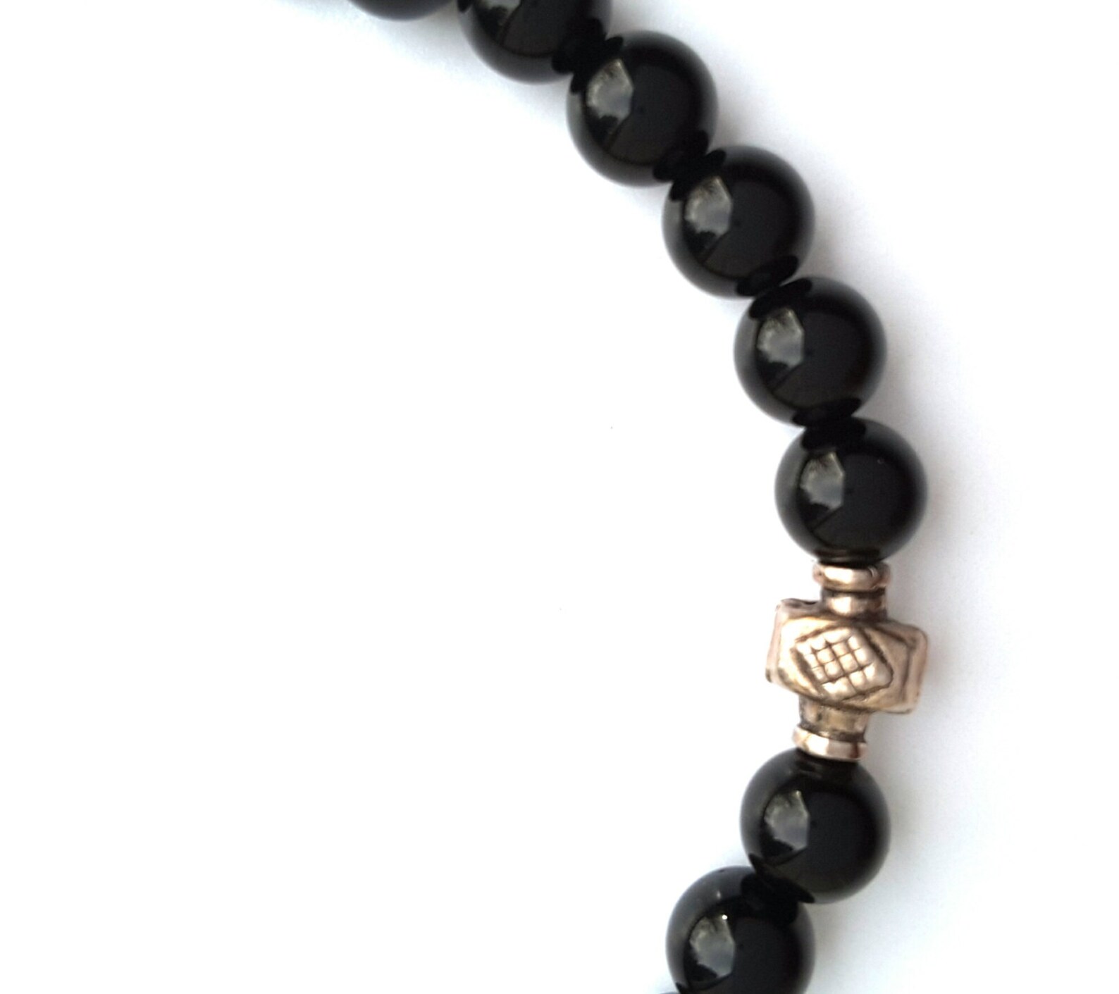 Mens Black Onyx Stone Bead Stretch Bracelet, Sterling Silver Accent
