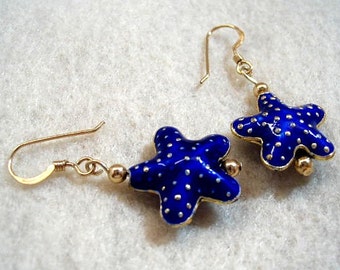 Blue Cloisonne Starfish Dangle Earrings, Fun Jewelry, Sea Star Beach Jewelry, Gold Bead Earrings, Gift for Her, Beach Earrings