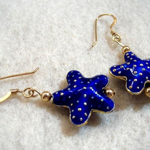 Blue Cloisonne Starfish Dangle Earrings, Fun Jewelry, Sea Star Beach Jewelry, Gold Bead Earrings, Gift for Her, Beach Earrings