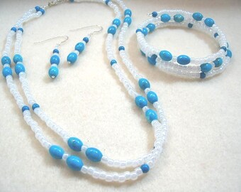 Blue and White Jewelry Set, Turquoise Blue Howlite and White Seed Bead Necklace, Memory Wire Bracelet, Blue Bead Earrings, Handmade