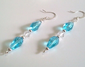 Blue Faceted Teardrop Beaded Earrings, Long Dangle Earrings, Blue Glass Beaded Jewelry, Faceted Crystal Jewelry