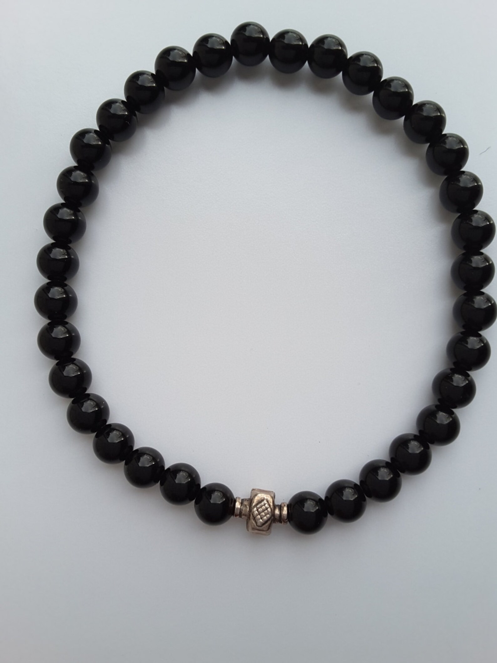 Mens Black Onyx Stone Bead Stretch Bracelet, Sterling Silver Accent