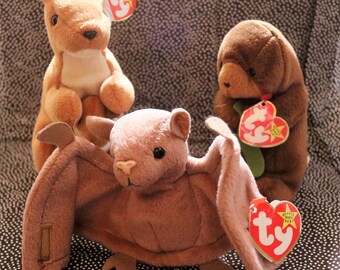 Batty, zeewier en buidel, zeldzame beanie-baby's met tagfouten 1996