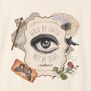 Walk by faith not by sight Short Sleeve Tee, Christian t-shirt, faith tee, vintage scrapbook style shirt, bible scripture quote, Jesus tee
