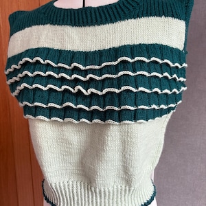 Ladies Hand Knitted Frilled Vest in 2 tone Green, Approx Chest 40”