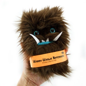Worry Woolie a fuzzy childrens notebook, brown and blue monster journal