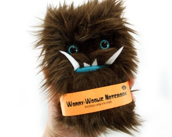 Worry Woolie a fuzzy childrens notebook, brown and blue monster journal