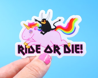 Demon Riding a Unicorn ride or die vinyl sticker