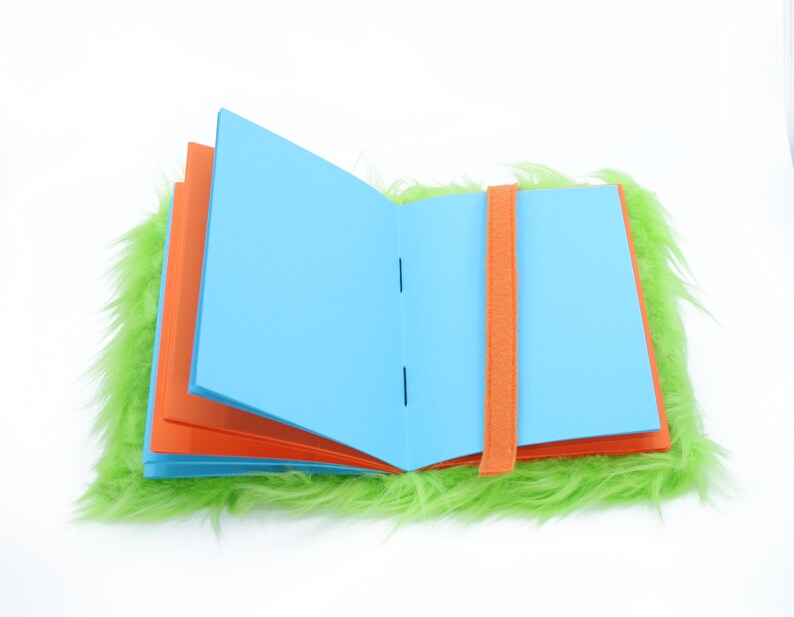 Nightmare Snatcher children's fuzzy magical journal, green orange monster book Swampmop image 3
