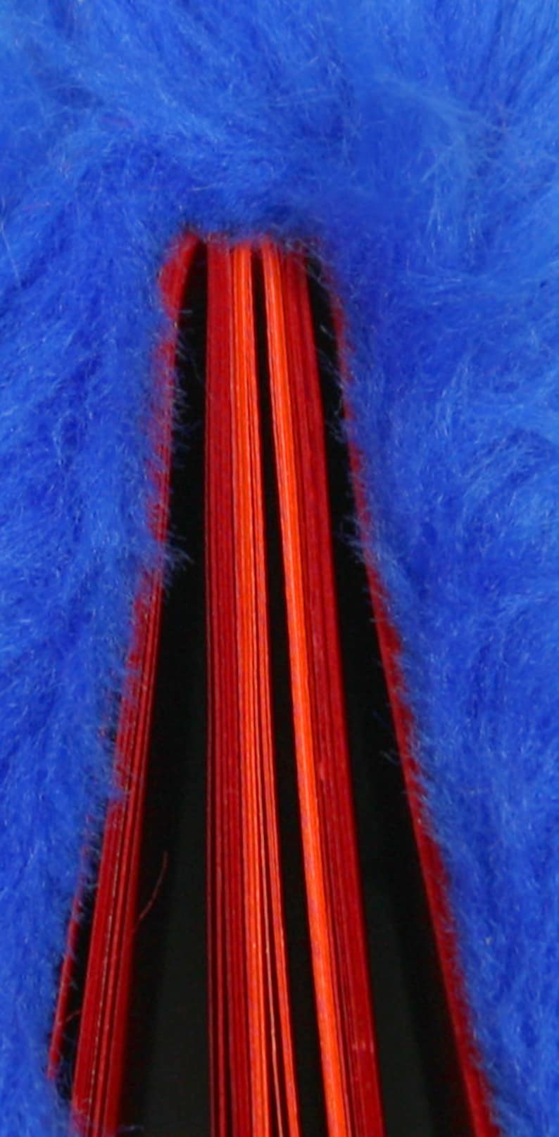 May include: A close-up of a red and orange book spine with a blue fuzzy cover. The book is closed and the spine is visible.