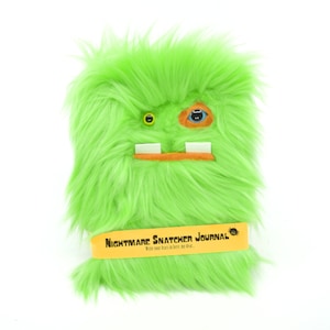 Nightmare Snatcher children's fuzzy magical journal, green orange monster book Swampmop image 1