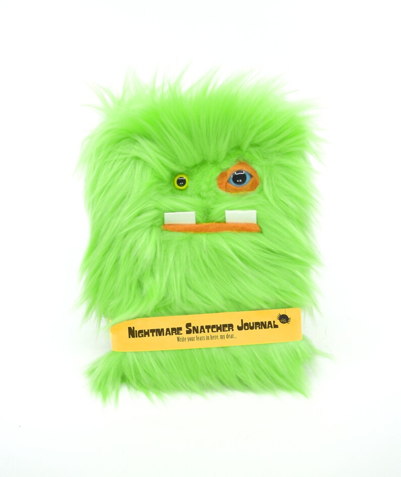 Nightmare Snatcher children's fuzzy magical journal, green orange monster book Swampmop image 1