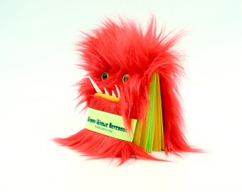 Worry Woolie child anxiety notebook, red and green fuzzy monster