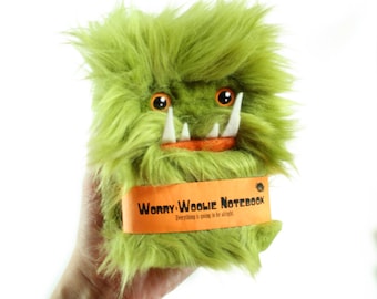 Notebook Worry-Woolie, a green and orange magical monster journal, furry notebook
