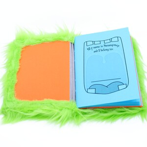 Nightmare Snatcher children's fuzzy magical journal, green orange monster book Swampmop image 2