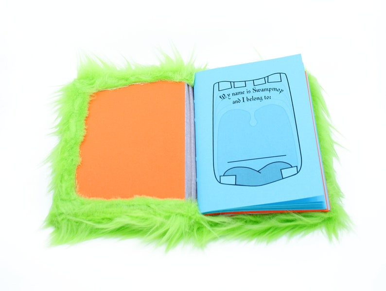 Nightmare Snatcher children's fuzzy magical journal, green orange monster book Swampmop image 2