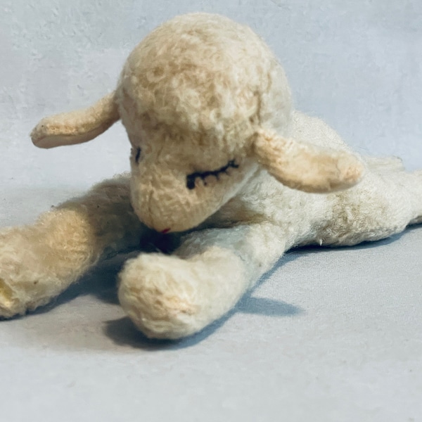 Steiff Sleepy Rattle Mohair Lamb Original Button 12", made around the 1940-1950s, has its original ear button, it is in good/used condition