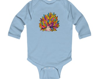 Infant Long Sleeve Bodysuit, Majestic Hedgehog Haven: Discover the Whimsical World of Colorful Creature Couture! Designer Infant Fashion