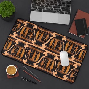 May include: A black and orange patterned mouse pad with a repeating design of ancient Greek vases with figures in black silhouette. The design is on a light orange background.