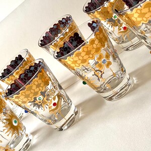 Ultra Rare Vintage promotional unsigned Culver “Charm Bracelet” 22k gold and bejeweled small tea glasses set of 8