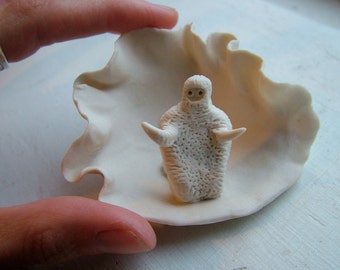 tiny yeti root-creature on the halfshell - mini art sculpture - Highfire porcelain