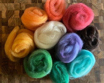 Destash rainbow of hand dyed wool roving sampler for needle felting