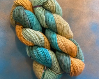 CORAL REEF - lot of 2 Handdyed Worsted 50/50 Angora & Lamb’s Wool Yarn Hanks (351 yards total) variegated gold green aqua blue