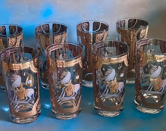 Mid century Vintage Fred Press gold & white Trojan horse highball glasses set of 8 - 100% donation to charity!