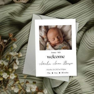 Geboortekaartje SJABLOON, 5x7 baby aankomst fotokaart, bewerkbare Canva sjabloon, minimalistisch, welkom baby, aangepaste digitale download