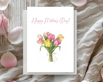 Happy Mothers Day Printable Card, 5x7 Mothers Day Card Download, Instant Digital Download, Watercolor Tulips, Floral, Folded card, Flat card