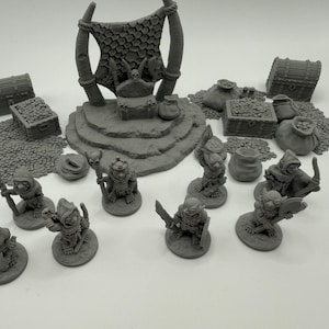 Goblin Throne Room Miniature Set with 8 Figures and Terrain for DnD Pathfinder Tabletop 28mm 32mm RPG Unpainted Diorama Props
