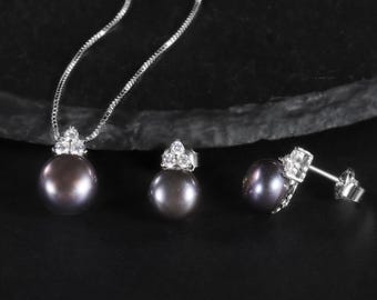 Black Pearl Halskette Ohrring Set: Sterling Silber Cubic Zirkonia