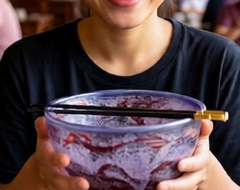 Set of Two Handcrafted Ceramic Ramen Bowls: For Pho - Chopsticks Included