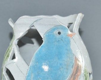 One of a Kind Ceramic Vase with Bluebird, Candleholder, 9th Anniversary Gift