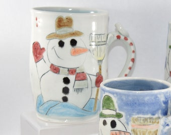 Extra Large Modern Handmade Mug with Snowman. 20 Ounces! Handmade Pottery Coffee Cup. Beer Mug.