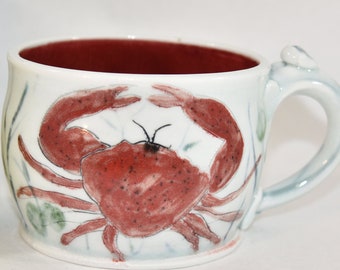 Tropical Fish and Crab Ceramic Soup Mug. Handmade Cappuccino Mugs. Tea Cup. Ceramics and Pottery Mug.