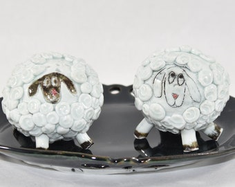 Handmade Pottery: Adorable Sheep Salt and Pepper Shakers -  Limited Edition - Nature Home Decor