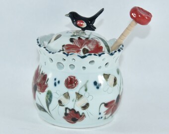 Ceramic Honey Pot with Dipper.  Lidded Pottery Jar with Red Winged Blackbird. Sugar Bowl with Spoon. Ceramic Salt Cellar.