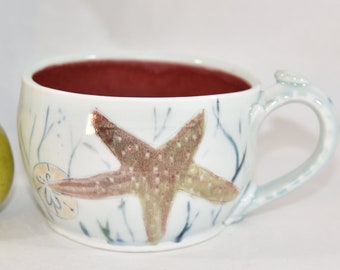 Extra Large Latte Mug. Coastal Sea Life Handmade Pottery Soup Mug.  Cappuccino Mug, Latte Bowl with handle.