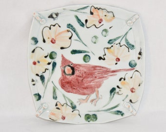 Red Cardinal Snack Plate. Pottery Ceramic Dish.